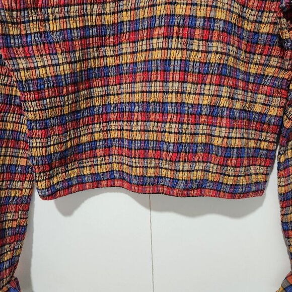 Anthropologie Maeve Smocked Stretch Long Sleeve Plaid Blouse-Fall Colors- Medium - Picture 4 of 6